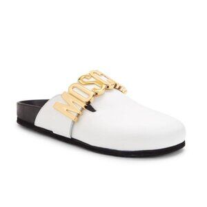 Moschino Logo Embellished Mule Clog White Leather Gold Size EU 36
